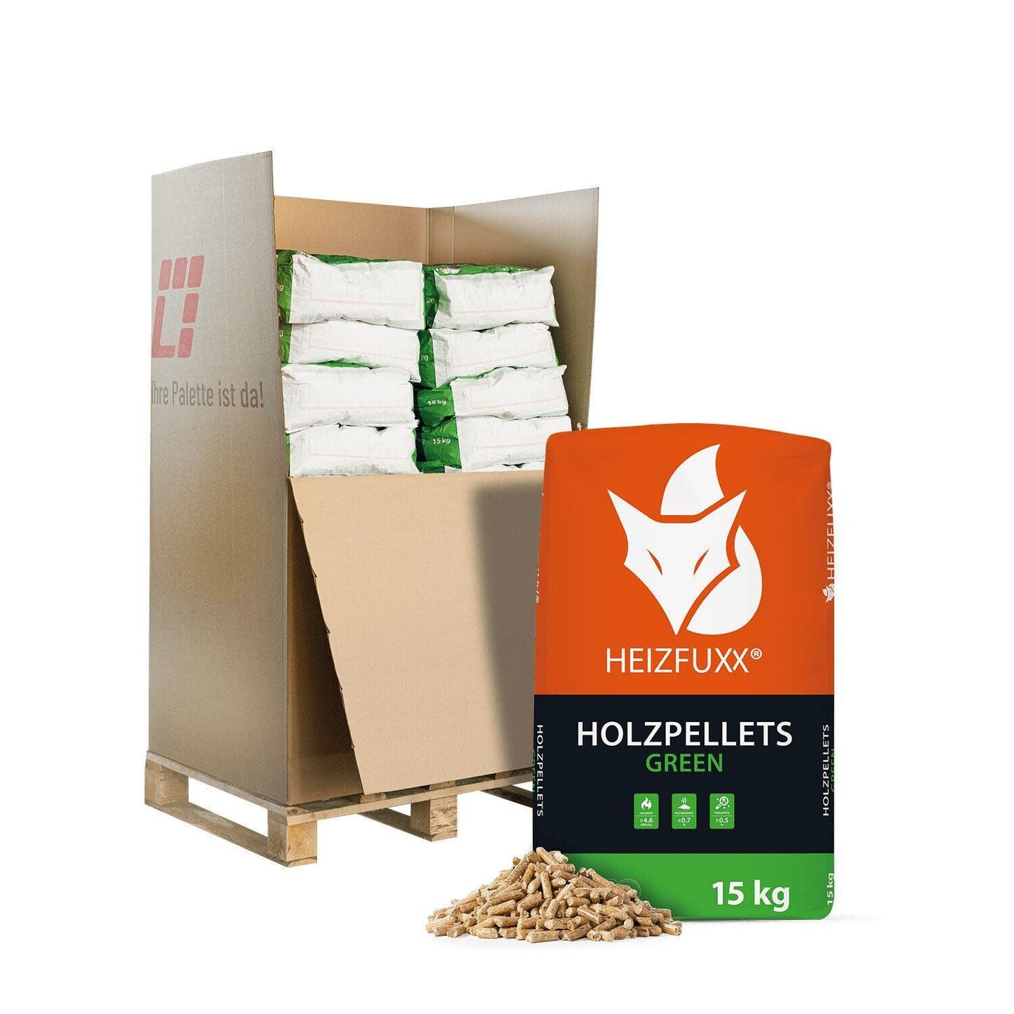 Heizfuxx Holzpellets Green 6mm 15kg x 20 Sack 300kg Palette